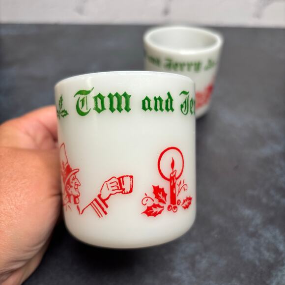 Vintage Hazel Atlas Tom and Jerry Egg Nog Mugs Milk Glass, Set of 2 - Picture 2 of 5